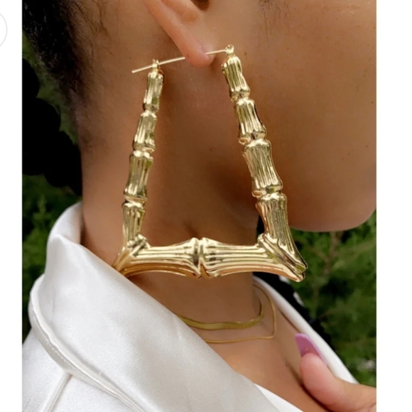 Gold Filled Large Statement Doorknocker Bamboo Hoop Earrings - Picture 9 of 9